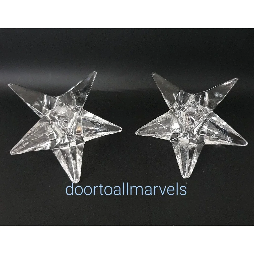 2 Vintage MCM Atomic Sparkling Glass 9-Point Star Shaped Candle Holders